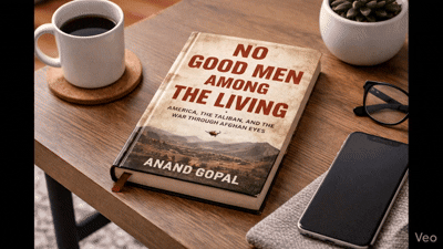 A copy of No Good Men Among the Living by Anand Gopal on a wooden table with a coffee mug, glasses, and a smartphone.