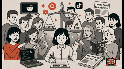 Illustration of a writer facing criticism as people debate human creativity vs AI-generated content, symbolizing ethical concerns around AI in the Shy Girl controversy.