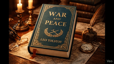 A copy of War and Peace by Leo Tolstoy on a desk with candles and vintage objects