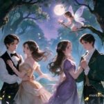Two couples are slow dancing in an enchanted forest with a fairy sitting atop a tree.