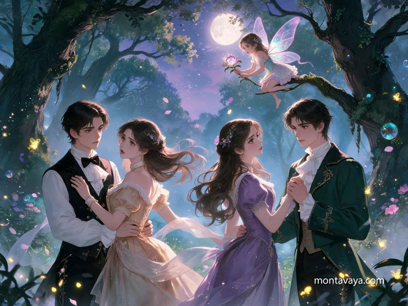 Two couples are slow dancing in an enchanted forest with a fairy sitting atop a tree.