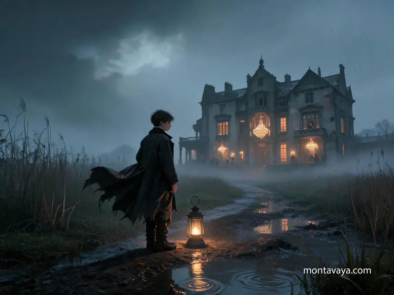 A boy stands outside a mansion with a lantern near him.