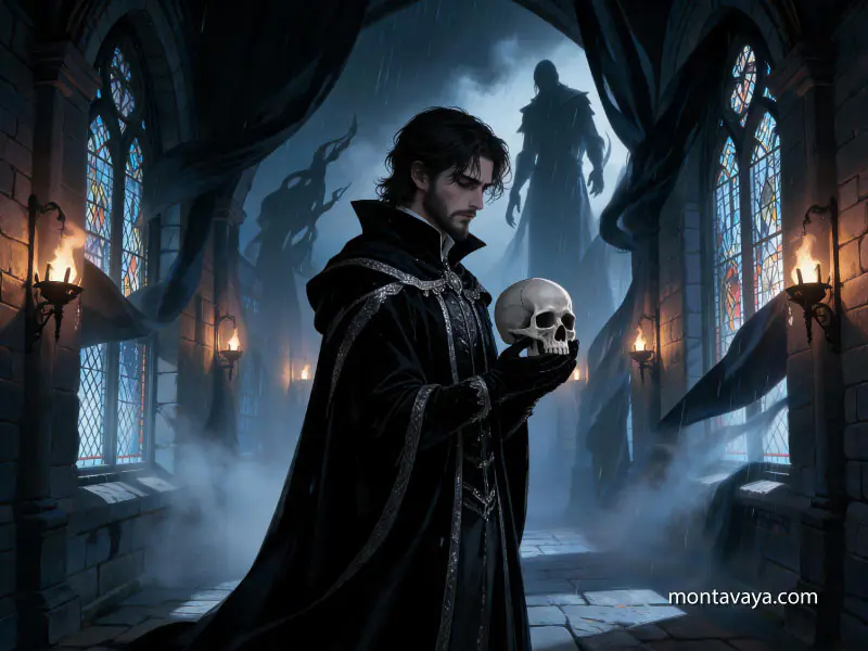 A noble holds a skull amidst a bleak background.