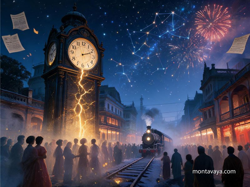 Fireworks go off over a railway station with a huge clock.