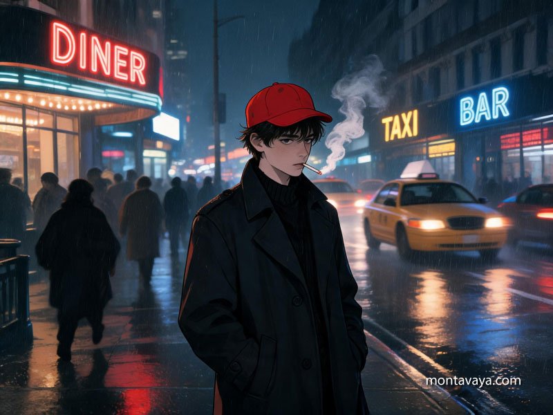 A youth stands on a busy street smoking a cigarette.