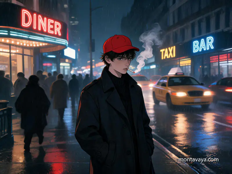 A youth stands on a busy street smoking a cigarette.
