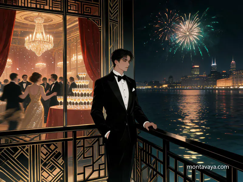 A youth stands on the deck of a ship with fireworks in the background outside a ballroom.