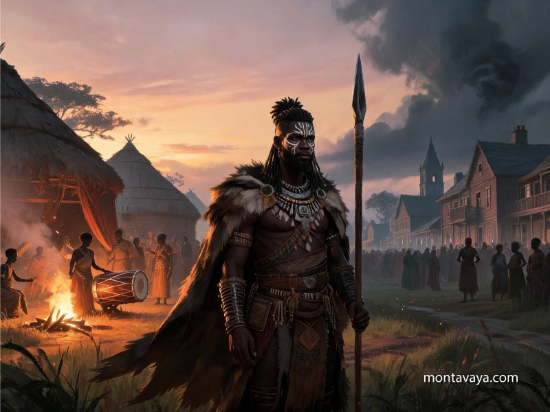A solitary tribesman stands amid chaos.