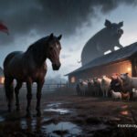 A horse is standing in the foreground with many animals standing in the background of a barn.
