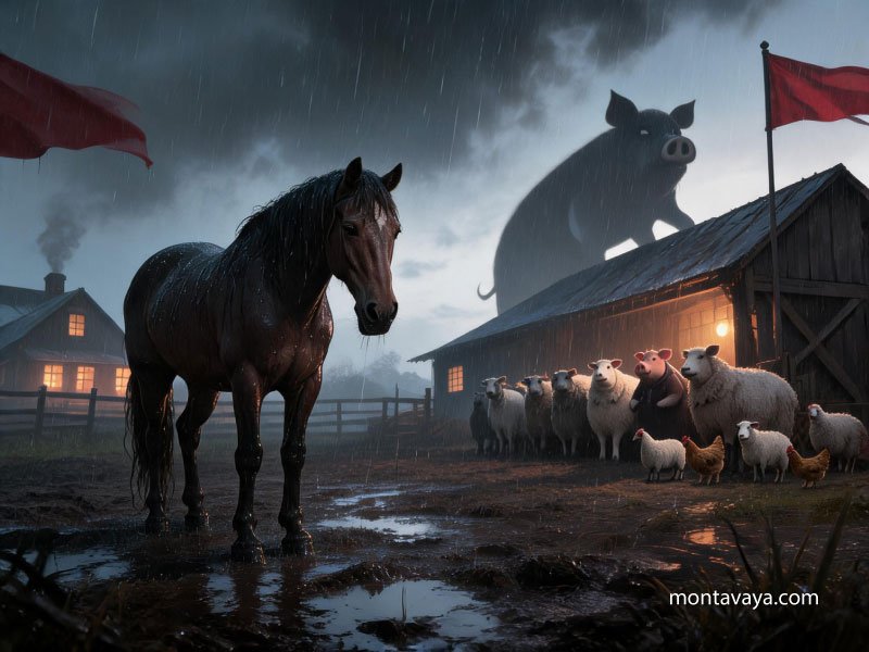 A horse is standing in the foreground with many animals standing in the background of a barn.