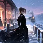 A girl standing between a train station and a ball, and gazing back at the viewer.