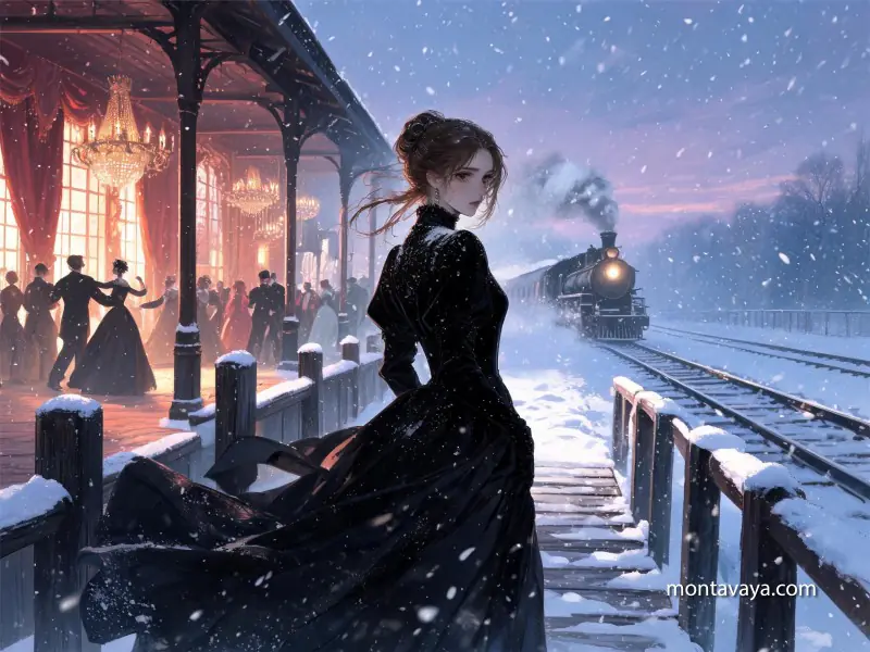 A girl standing between a train station and a ball, and gazing back at the viewer.