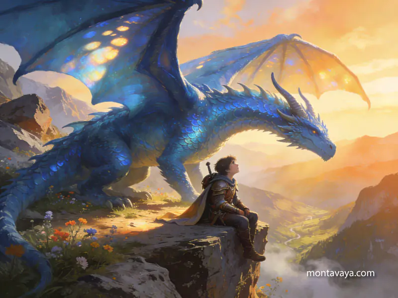A boy and a dragon are sitting together on the edge of the cliff.