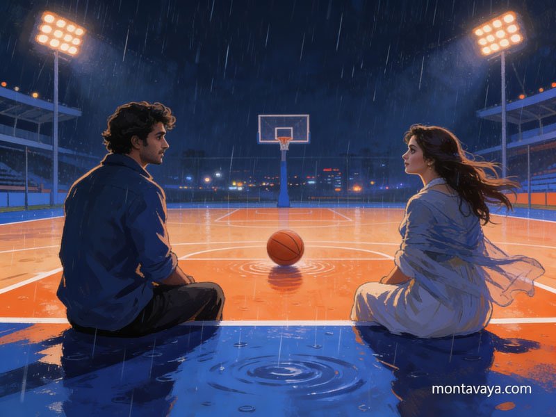 A boy and a girl are on a basketball court, gazing deep into each other's eyes.