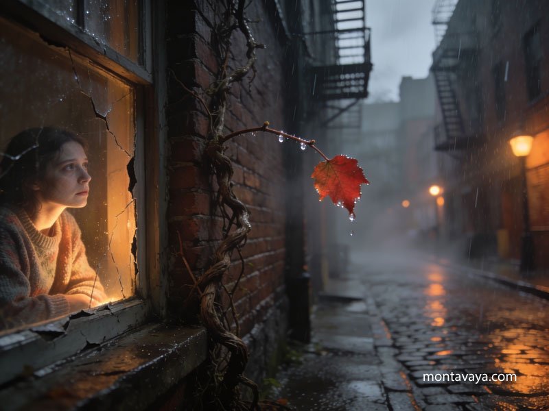 A woman gazing at the last leaf through a window.