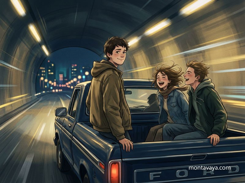 Three youngsters are sitting on the back of a car going through a tunnel.