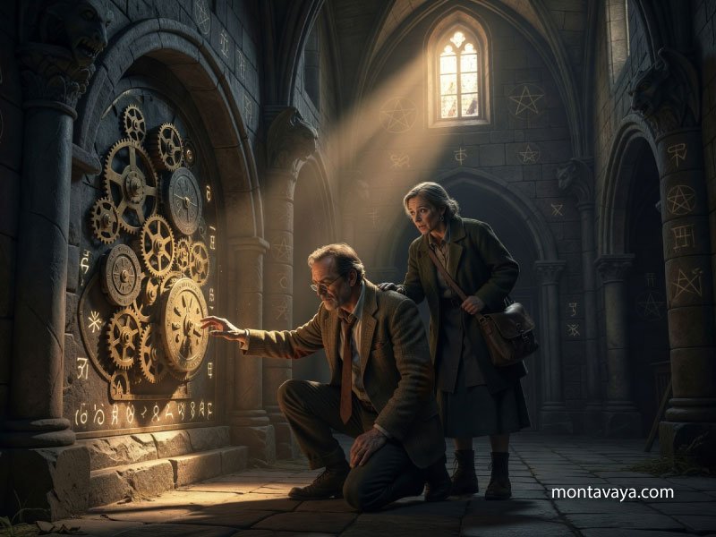 A man and a woman are trying to uncover a mechanism in a church.