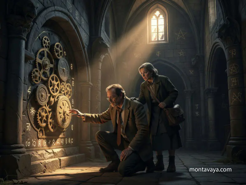 A man and a woman are trying to uncover a mechanism in a church.