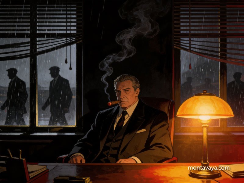 A man sitting on his desk, smoking a cigar, staring at the viewer.