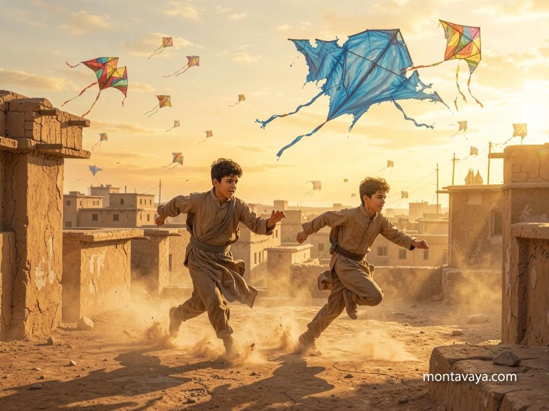Two boys are chasing each other with plenty of kites flying in the background.