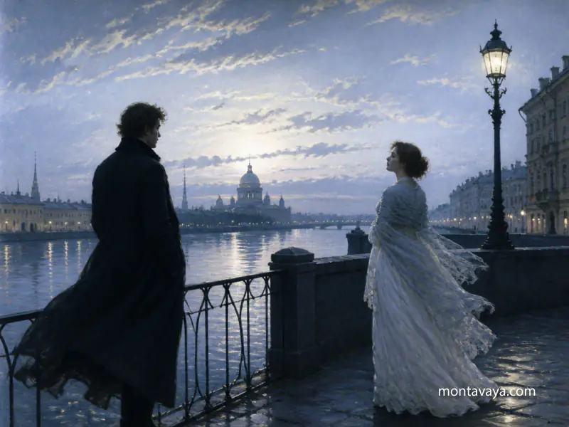A man and a woman looking at each other on a riverbank in the wake of dawn.